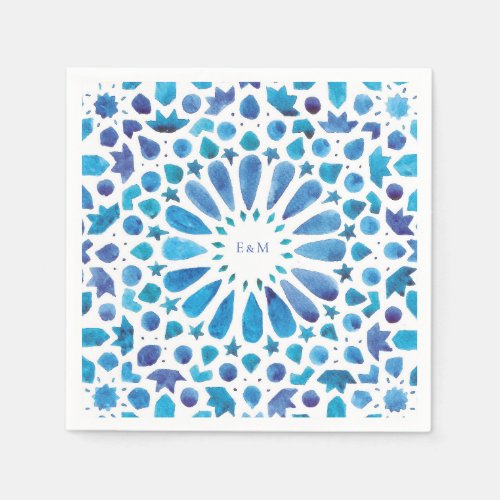 Blue Moroccan Tiles Initials Wedding Logo Napkins