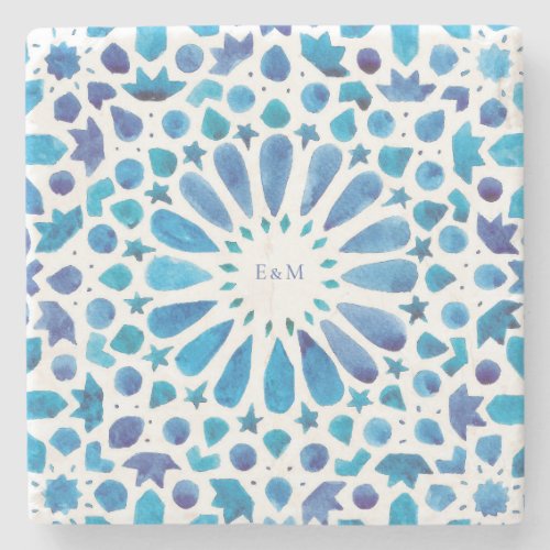 Blue Moroccan Tiles Monogram Wedding Stone Coaster