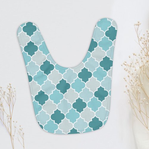 Blue Moroccan Trellis Latticework Quatrefoil Baby Bib