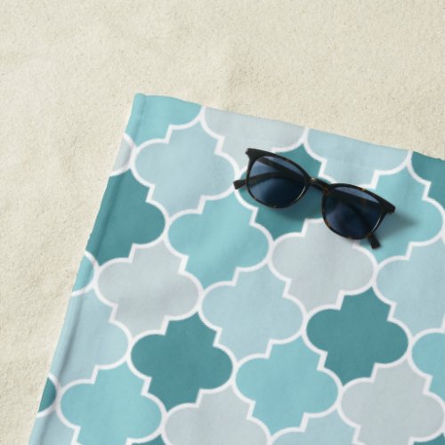 Blue Moroccan Trellis Latticework Quatrefoil Beach Towel