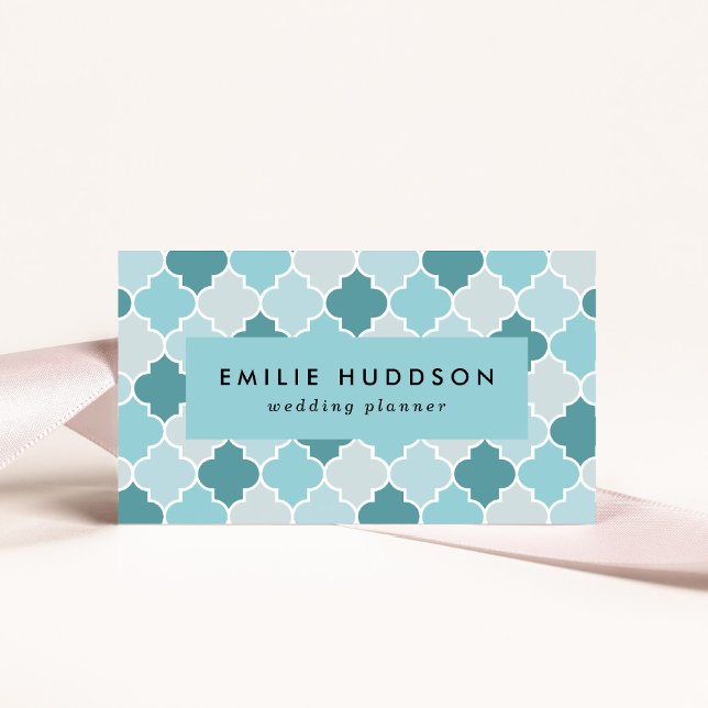 Blue Moroccan Trellis, Latticework, Quatrefoil Business Card (Creator Uploaded)