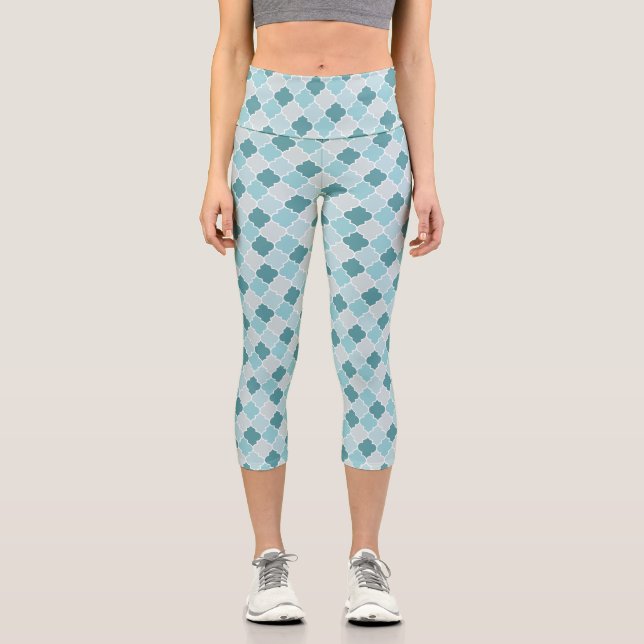 Blue Moroccan Trellis, Latticework, Quatrefoil Capri Leggings (Front)