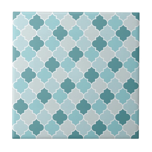 Blue Moroccan Trellis, Latticework, Quatrefoil Ceramic Tile (Front)