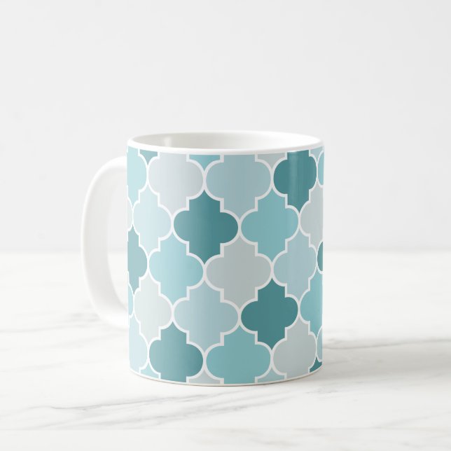 Blue Moroccan Trellis, Latticework, Quatrefoil Coffee Mug (Front Left)