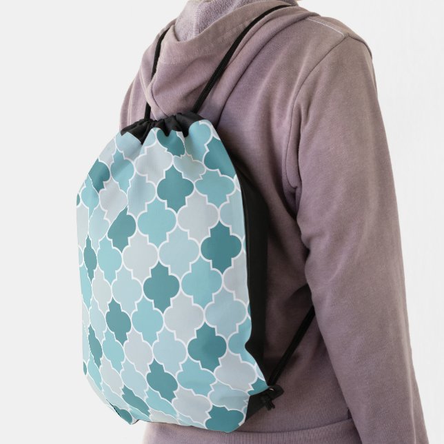 Blue Moroccan Trellis, Latticework, Quatrefoil Drawstring Bag (Insitu)