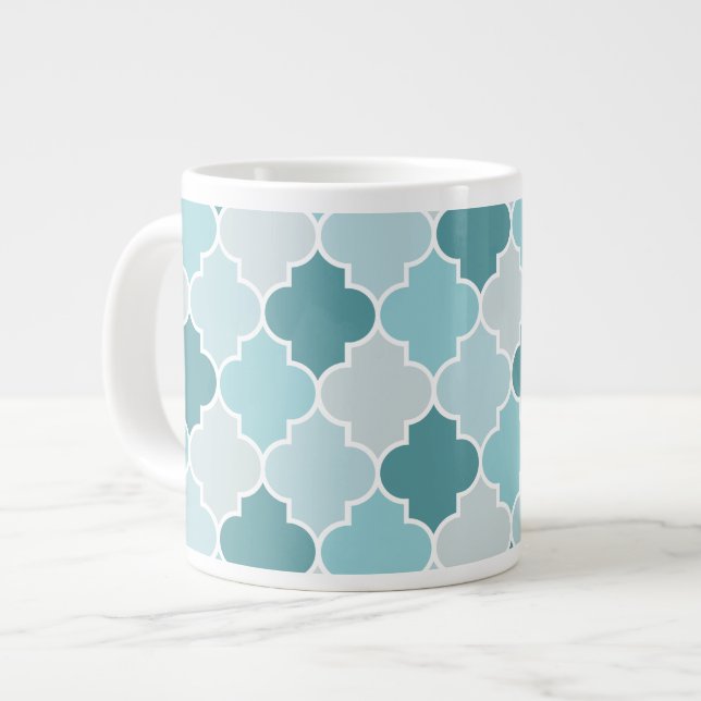 Blue Moroccan Trellis, Latticework, Quatrefoil Giant Coffee Mug (Front Left)