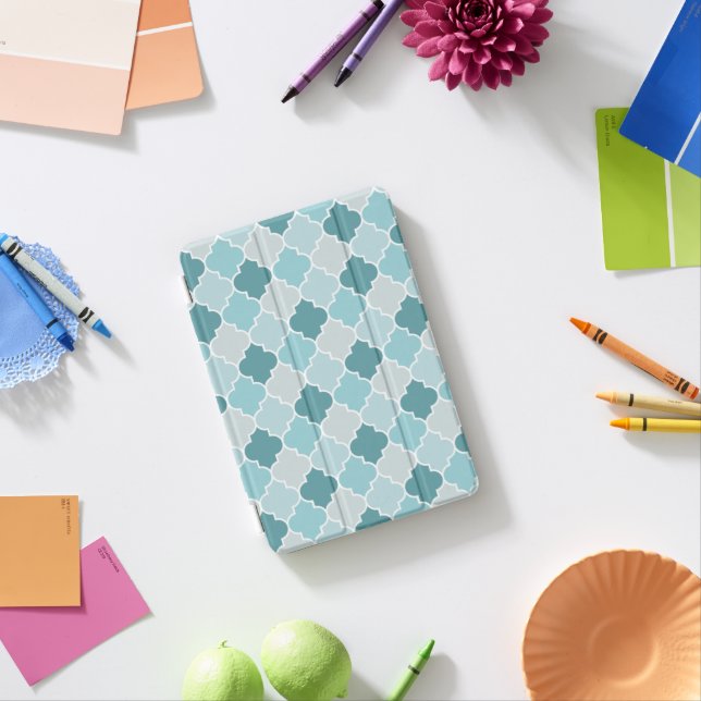 Blue Moroccan Trellis, Latticework, Quatrefoil iPad Mini Cover (In Situ)