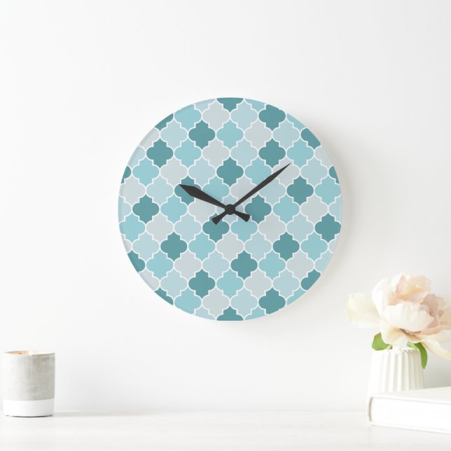 Blue Moroccan Trellis, Latticework, Quatrefoil Large Clock (Home)
