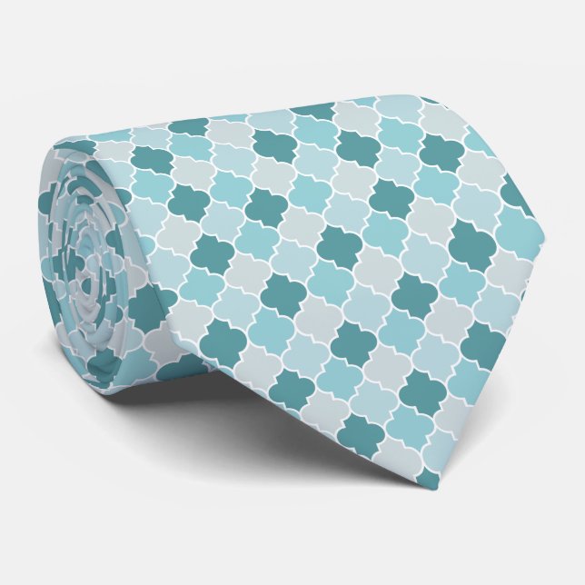 Blue Moroccan Trellis, Latticework, Quatrefoil Neck Tie (Rolled)
