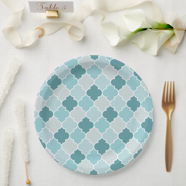 Blue Moroccan Trellis, Latticework, Quatrefoil Paper Plates (Wedding)