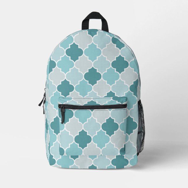 Blue Moroccan Trellis, Latticework, Quatrefoil Printed Backpack (Front)