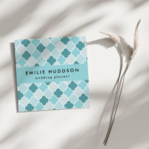 Blue Moroccan Trellis, Latticework, Quatrefoil Square Business Card