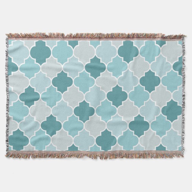 Blue Moroccan Trellis, Latticework, Quatrefoil Throw Blanket (Front)