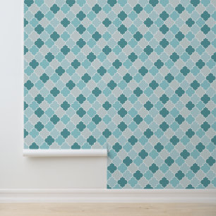Blue Moroccan Trellis, Latticework, Quatrefoil Wallpaper