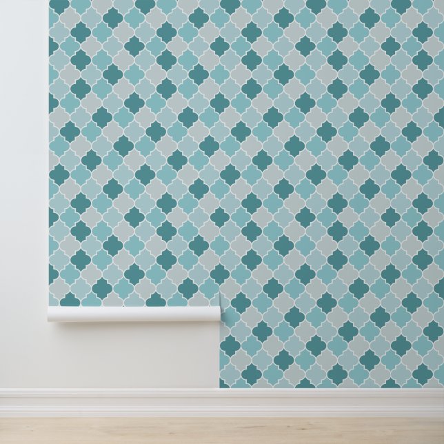 Blue Moroccan Trellis, Latticework, Quatrefoil Wallpaper (Application)