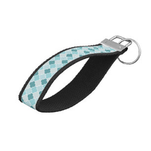 Blue Moroccan Trellis, Latticework, Quatrefoil Wrist Keychain