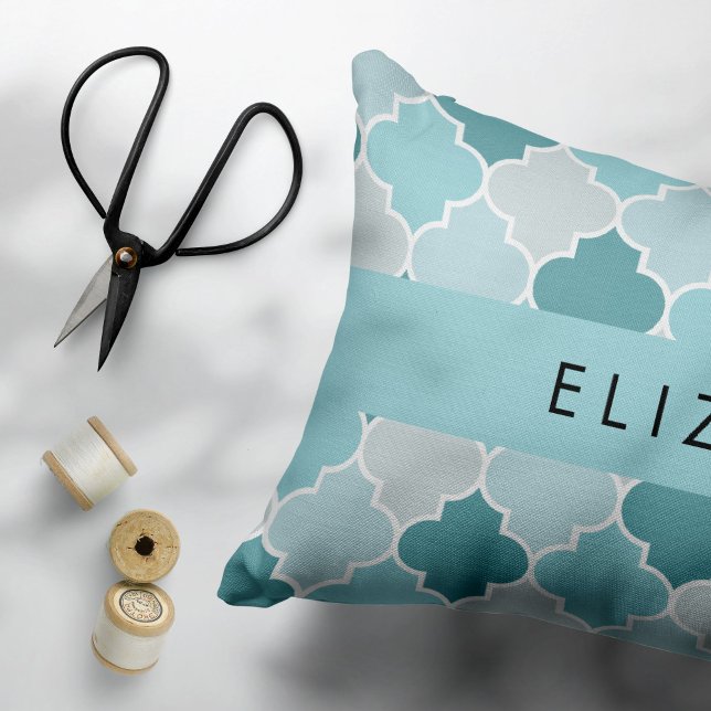 Blue Moroccan Trellis, Quatrefoil, Your Name Accent Pillow (Creator Uploaded)