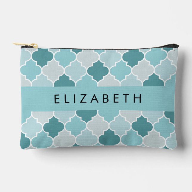 Blue Moroccan Trellis, Quatrefoil, Your Name Accessory Pouch (Front)