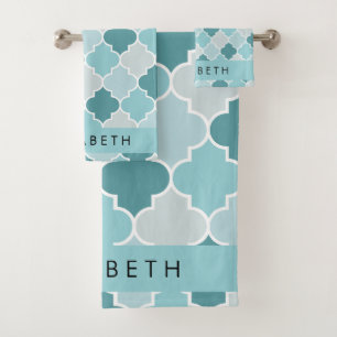 Blue Moroccan Trellis, Quatrefoil, Your Name Bath Towel Set
