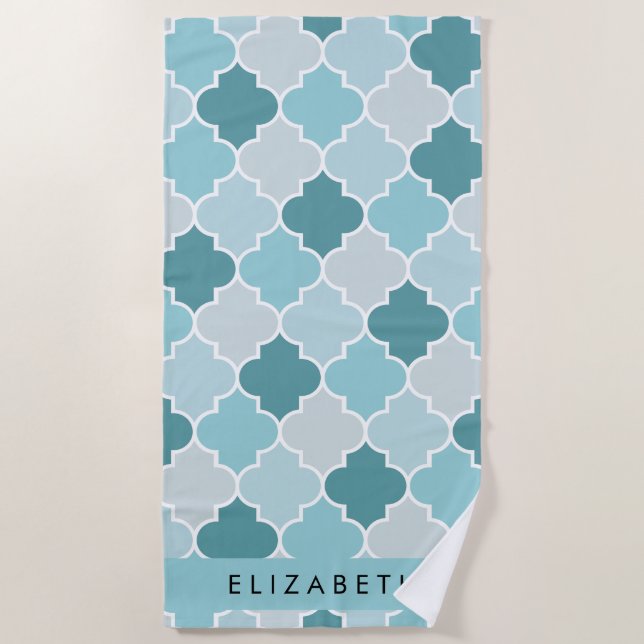 Blue Moroccan Trellis, Quatrefoil, Your Name Beach Towel (Front)