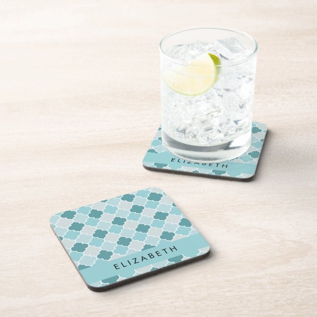 Blue Moroccan Trellis, Quatrefoil, Your Name Beverage Coaster (Right Side)