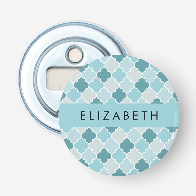 Blue Moroccan Trellis, Quatrefoil, Your Name Bottle Opener (Front)