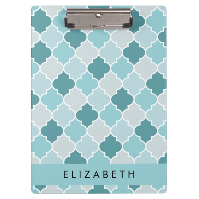Blue Moroccan Trellis, Quatrefoil, Your Name Clipboard (Front)