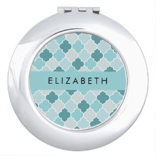 Blue Moroccan Trellis, Quatrefoil, Your Name Compact Mirror