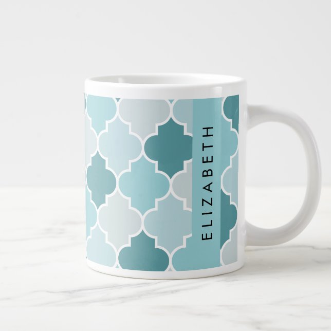 Blue Moroccan Trellis, Quatrefoil, Your Name Giant Coffee Mug (Right)