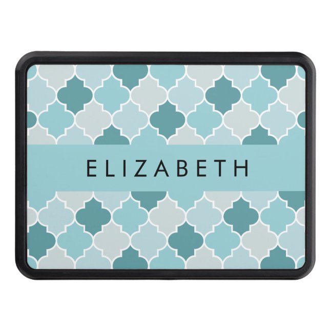 Blue Moroccan Trellis, Quatrefoil, Your Name Hitch Cover (Front)