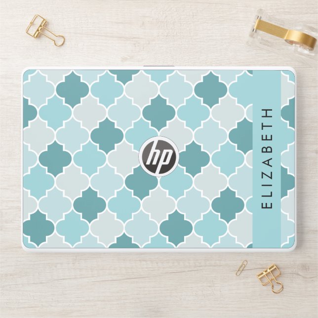 Blue Moroccan Trellis, Quatrefoil, Your Name HP Laptop Skin (Desk)