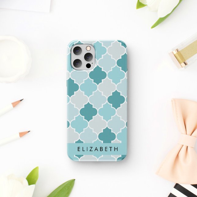 Blue Moroccan Trellis, Quatrefoil, Your Name iPhone Case (Creator Uploaded)