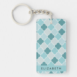Blue Moroccan Trellis, Quatrefoil, Your Name Keychain