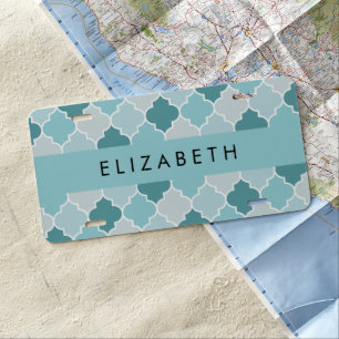 Blue Moroccan Trellis, Quatrefoil, Your Name License Plate