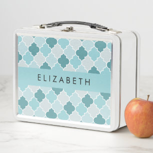 Blue Moroccan Trellis, Quatrefoil, Your Name Metal Lunch Box