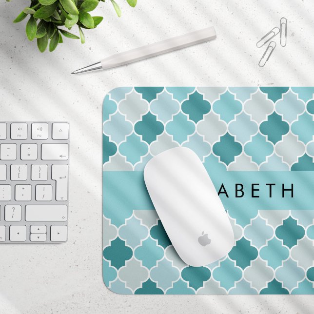 Blue Moroccan Trellis, Quatrefoil, Your Name Mouse Pad (Creator Uploaded)