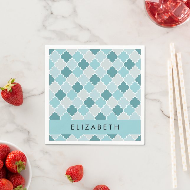 Blue Moroccan Trellis, Quatrefoil, Your Name Napkins (Insitu)