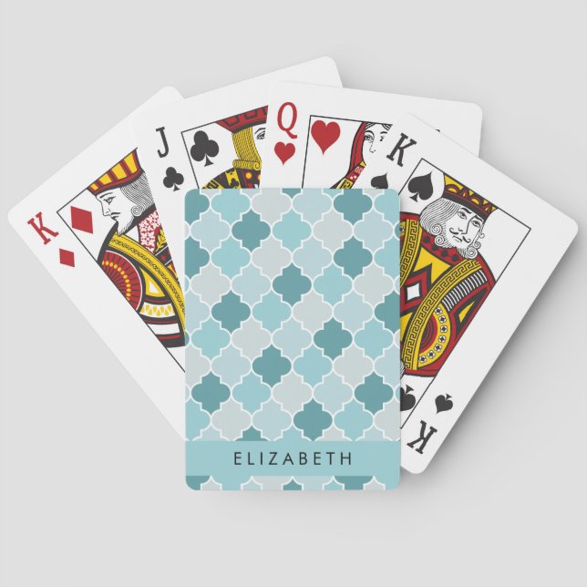 Blue Moroccan Trellis, Quatrefoil, Your Name Poker Cards (Back)