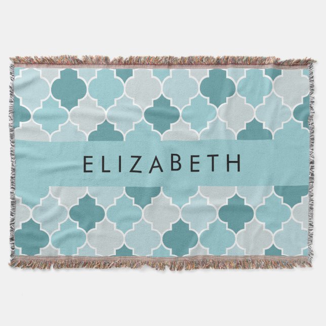 Blue Moroccan Trellis, Quatrefoil, Your Name Throw Blanket (Front)
