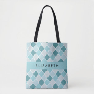 Blue Moroccan Trellis, Quatrefoil, Your Name Tote Bag