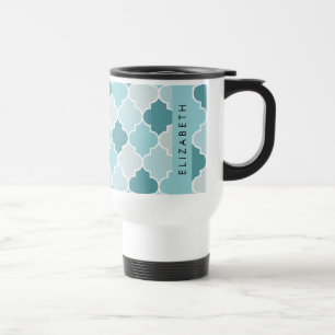 Blue Moroccan Trellis, Quatrefoil, Your Name Travel Mug