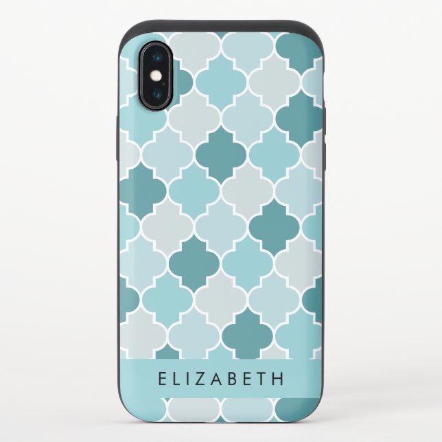 Blue Moroccan Trellis, Quatrefoil, Your Name Uncommon iPhone Case (Back)