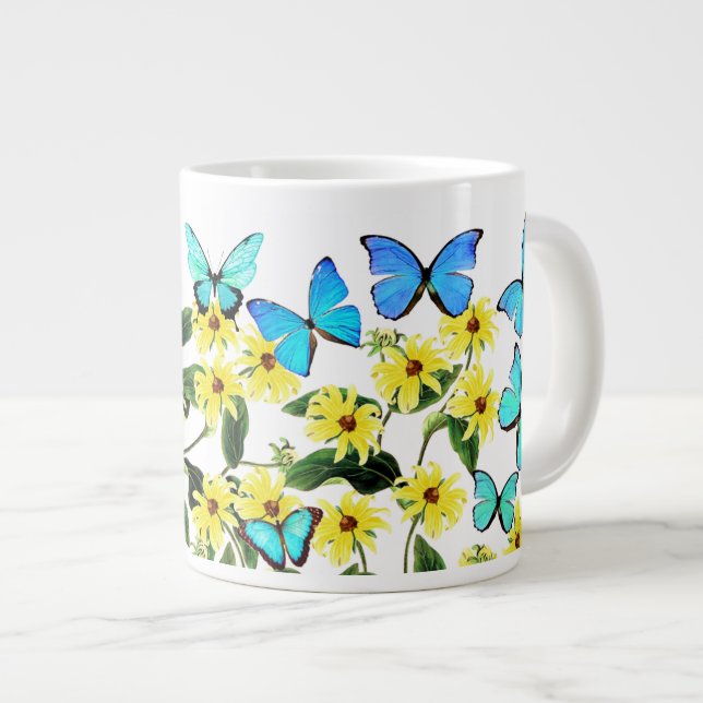 Blue Morpho Butterflies Coneflower Flowers Mug (Front Right)