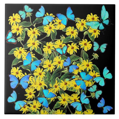 Blue Morpho Butterflies Coneflower Flowers Tile