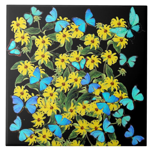 Blue Morpho Butterflies Coneflower Flowers Tile (Front)
