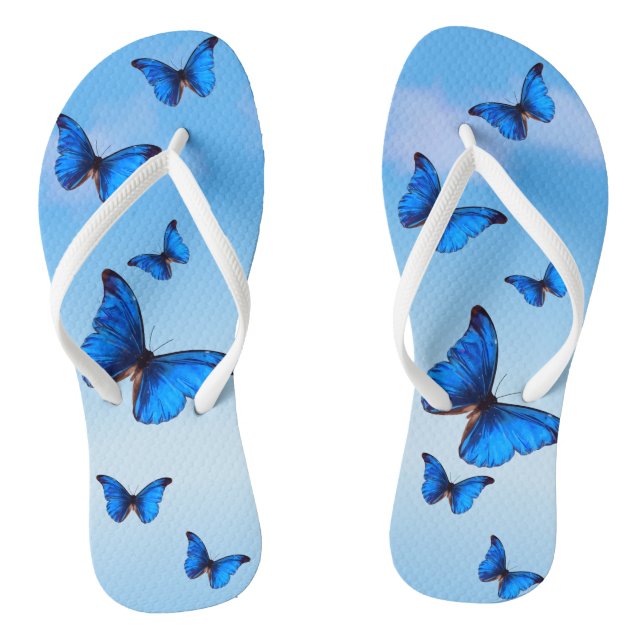 Blue Morpho Butterflies Flying in Sky Flip Flops (Footbed)