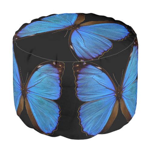 Blue Morpho Butterfly and Black Round Pouf