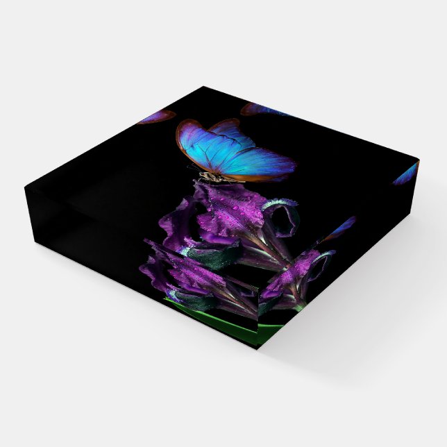 Blue Morpho Butterfly and Iris Paperweight (Angled)