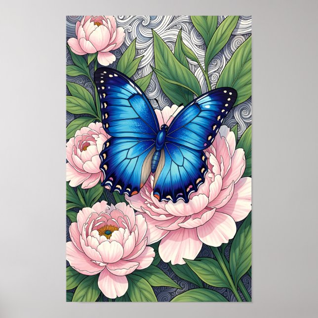 Blue Morpho Butterfly Floral Botanical Art Poster (Front)