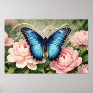 Blue Morpho Butterfly Floral Botanical Art Poster